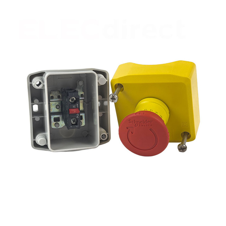 Schneider - boite jaune arrêt urgence rouge - pousser tourner - 1NF au repos - Ø40 - Réf : XALK178