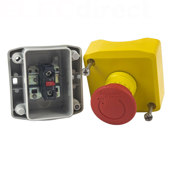 Schneider - boite jaune arrêt urgence rouge - pousser tourner - 1NF au repos - Ø40 - Réf : XALK178