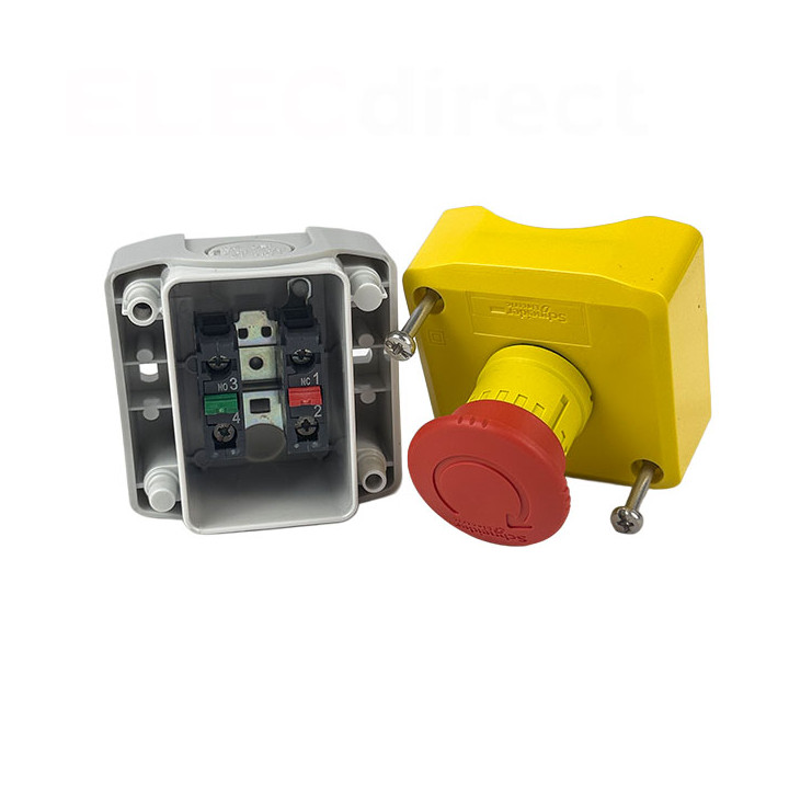 Schneider - boite jaune arrêt urgence rouge - pousser tourner - 1F+1O - Ø40 - Réf : XALK178E