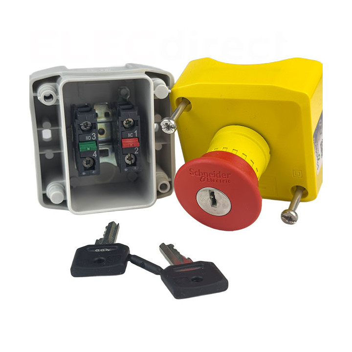 Schneider - Harmony boite jaune - 1 arrêt d'urgence rouge Ø40 déverrouillage à clé - 1F+1O - Réf : XALK188E