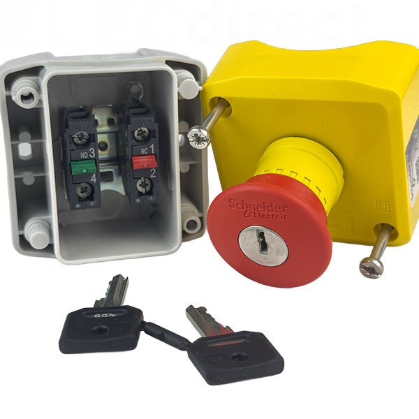 Schneider - Harmony boite jaune - 1 arrêt d'urgence rouge Ø40 déverrouillage à clé - 1F+1O - Réf : XALK188E