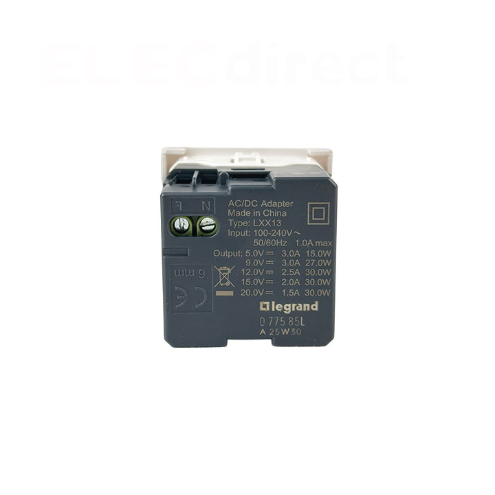 Legrand - Chargeur Simple USB Type-C - 3A - 30W Power Delivery - 2 Modules- Blanc - Mosaic - Réf : 077585L