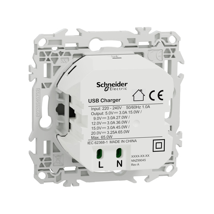 Schneider - Odace 2025 - chargeur USB-C 65W - forte puissance et charge rapide - blanc craie - Réf : S920406