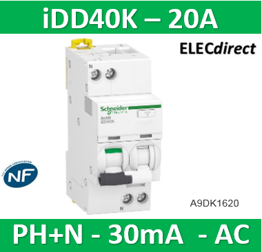 Schneider - Acti9 - Disjoncteur différentiel départ 20A - iDDT40T - 6kA -  courbe C - 1P+N - 30mA - Réf : A9DA2620 - ELECdirect Vente Matériel  Électrique