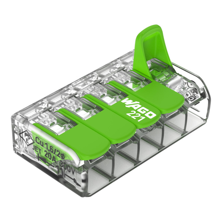 WAGO - Boîte de 25 Bornes GREEN Range auto fils souple / rigide 5 x (0,2 à 4mm2) - Réf : WAG 221-425