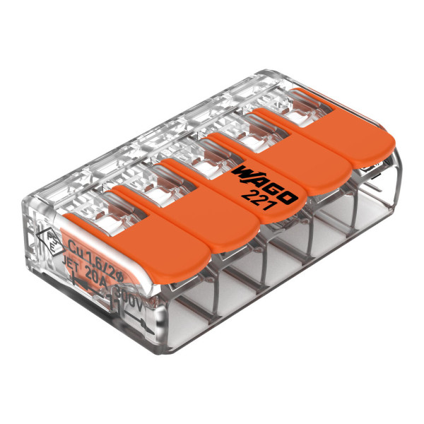 WAGO - Boîte de 25 Bornes auto fils Souple / Rigide 5 x (0.08 à 4mm2) - Réf : WAG 221-415