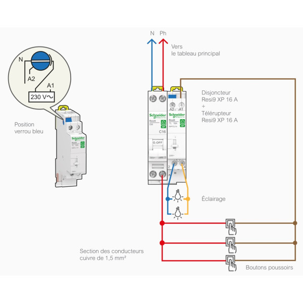 Schneider - Resi9 - Télérupteur TL Bipolaire - 2NO 16A - 250V - Réf : R9PCL216