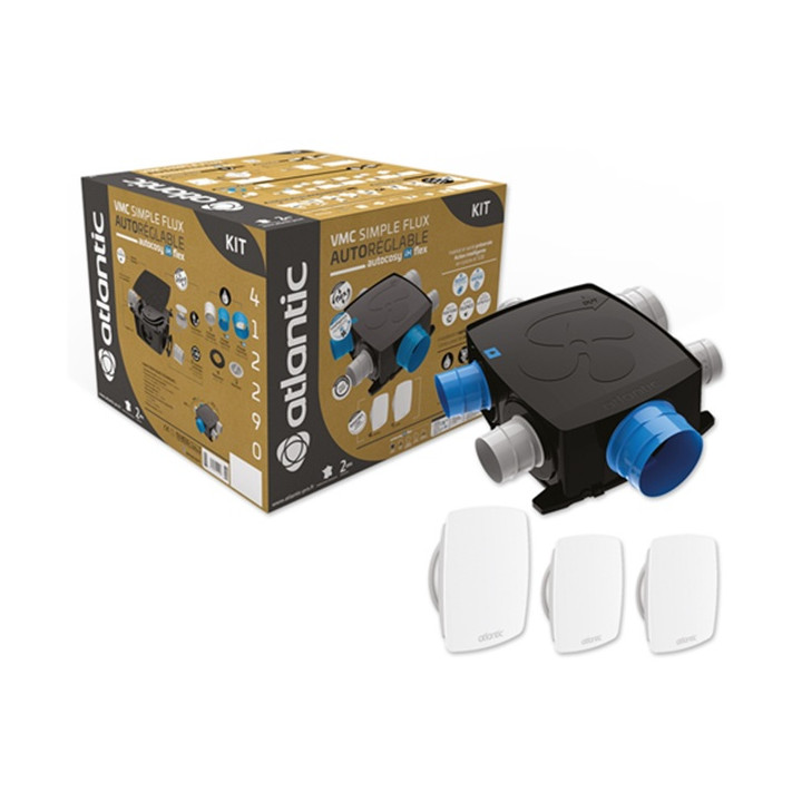 Atlantic - Kit VMC Autocosy iH Flex - Simple flux intelligente 4 sanitaires + 3 bouches Line plates - 330m³/h - Réf : 412290