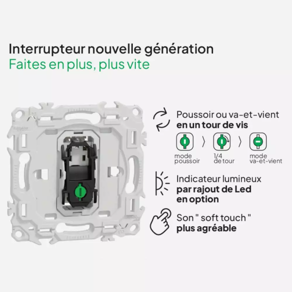 Schneider - Odace 2025 - LOT de 10 Va et Vient ou Poussoir - 10AX - Blanc craie - Réf : S920204 x 10