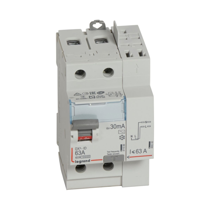 LEGRAND - Interrupteur différentiel - DX3 - 2P - 63A - 30mA - Type AC - Départ Bas à Vis - Réf : 411633