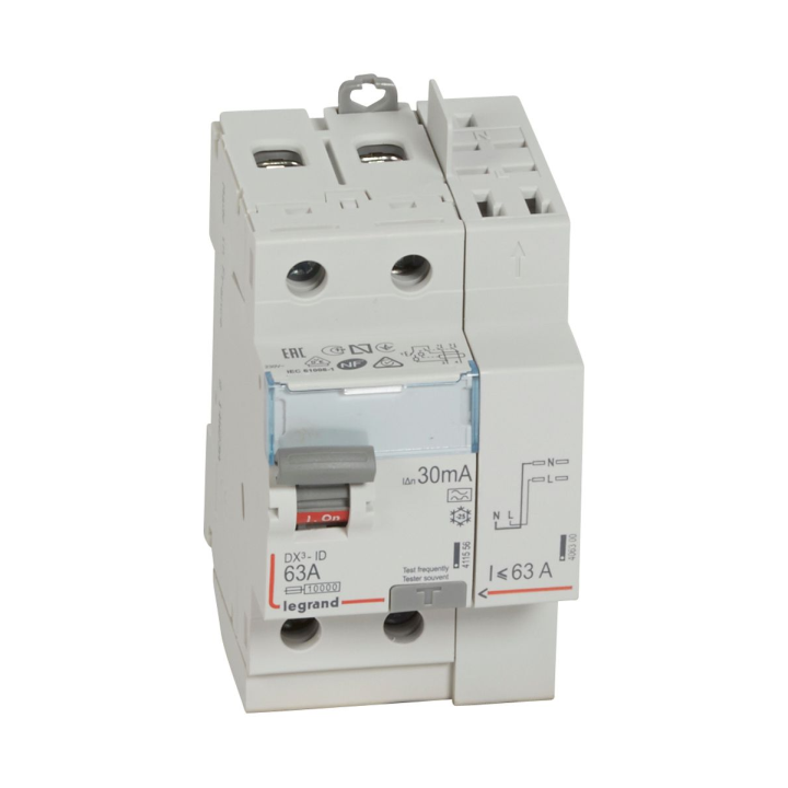 LEGRAND - Interrupteur différentiel - DX3 - 2P - 63A - 30mA - Type A - Départ Haut Auto - Réf : 411639