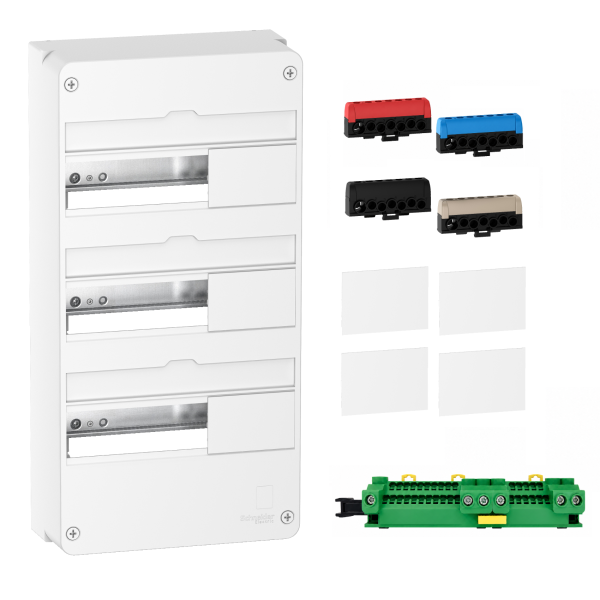 Schneider - Resi9 - LOT - coffret 13M - 3R + bornier 3 phases+Neutre - Réf. : R9H13403+R9H13411P