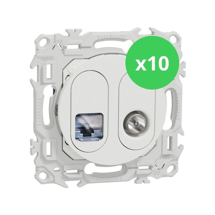 Schneider - Odace 2025 - LOT de 10 Prises mixte RJ45 Cat.6 STP + TV - Blanc craie - Réf : S920141 x 10