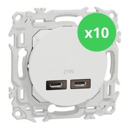 Schneider - Odace 2025 - LOT de 10 Chargeurs double USB type C+C - 21W Power Delivery - Blanc craie - Réf : S920401 x 10