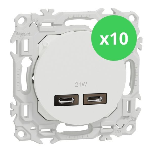Schneider - Odace 2025 - LOT de 10 Chargeurs double USB type C+C - 21W Power Delivery - Blanc craie - Réf : S920401 x 10