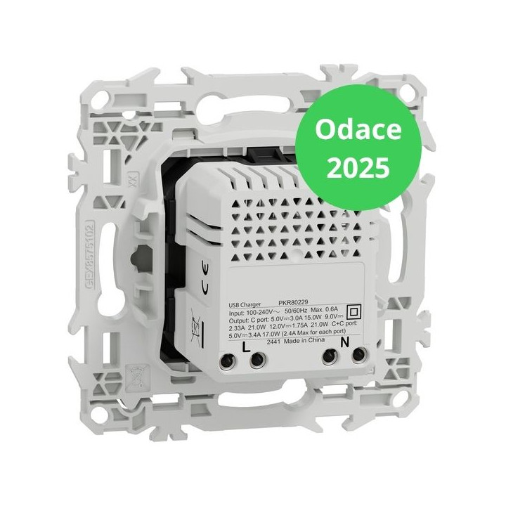 Schneider - Odace 2025 - LOT de 10 Chargeurs double USB type C+C - 21W Power Delivery - Blanc craie - Réf : S920401 x 10