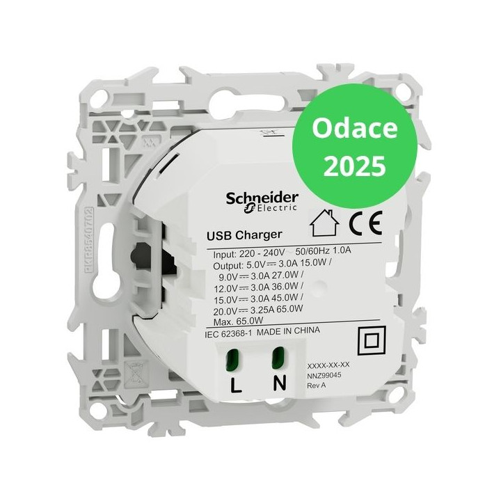 Schneider - Odace 2025 - LOT de 10 Chargeurs USB-C 65W - Forte puissance et charge rapide - Blanc craie - Réf : S920406 x 10