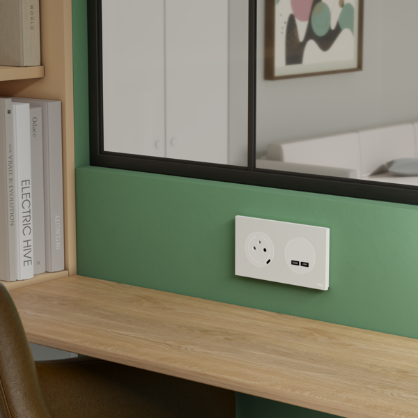 Schneider - Odace 2025 - LOT de 10 Prises 2P+T affleurante + chargeur USB-C 18W - Blanc craie - Réf : S920042 x 10