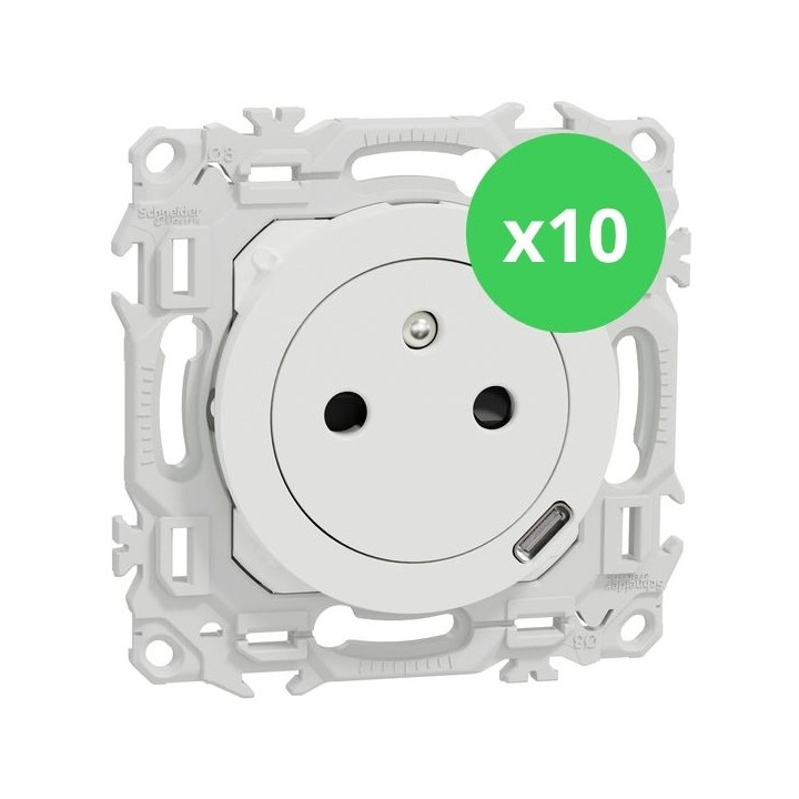 Schneider - Odace 2025 - LOT de 10 Prises 2P+T affleurante + chargeur USB-C 18W - Blanc craie - Réf : S920042 x 10