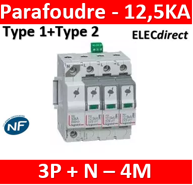 Parafoudre T1+T2 - 3P+N - 12.5kA 1.5kV - Uc 320V - 4 modules LEGRAND