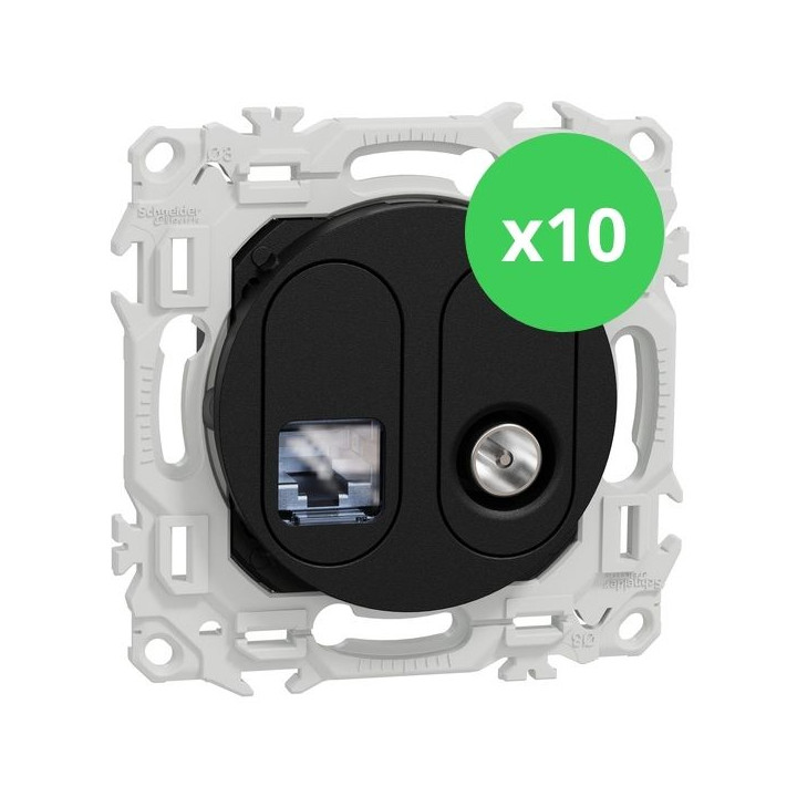 Schneider - Odace 2025 - LOT de 10 Prises mixte RJ45 Cat.6 STP + TV - Noir onyx - Réf : S940141 x 10