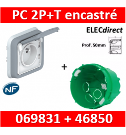 Legrand Plexo - Prise de courant encastré + boîte SIB - Prof. 50mm - IP55/IK07 - 069831+46850