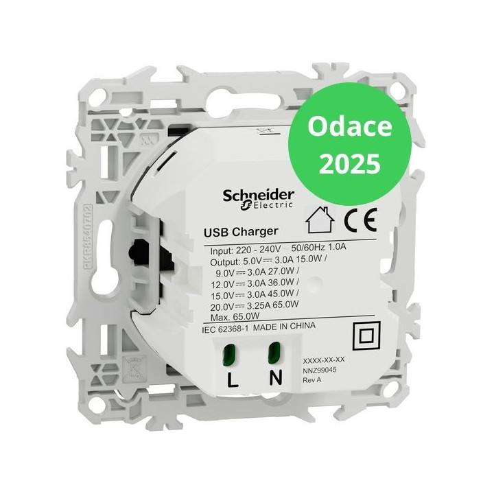 Schneider - Odace 2025 - LOT de 10 Chargeurs USB-C 65W - Forte puissance et charge rapide - Noir onyx - Réf : S940406 x 10