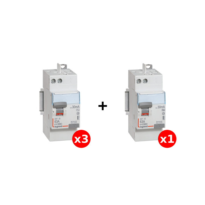 LEGRAND - LOT de 4 interrupteurs différentiels - DX3 - 2P - 63A - 30mA - Type AC et A - Réf : 411650x3 + 411651x1