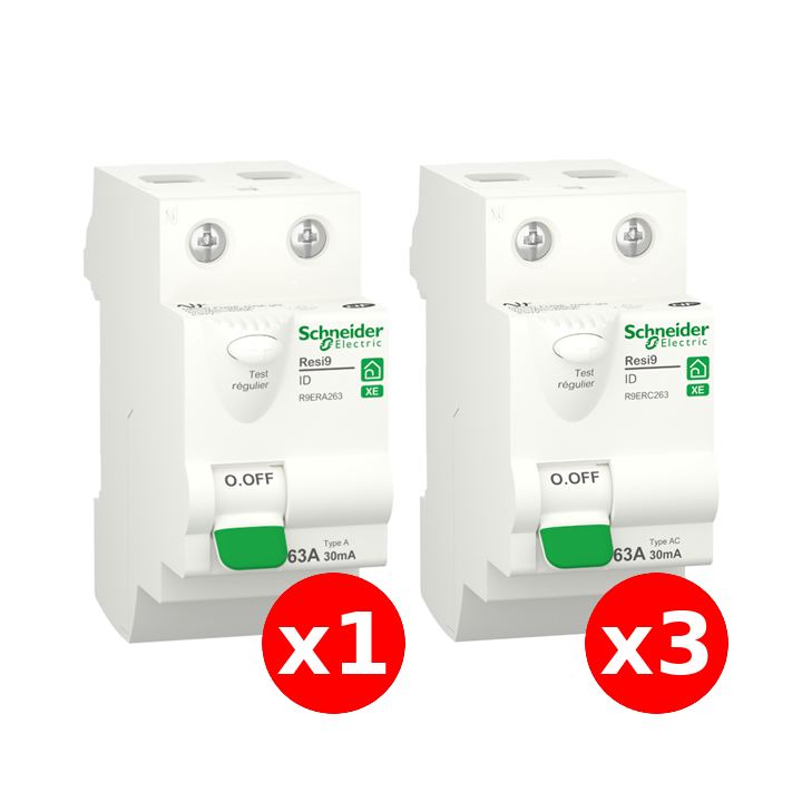 SCHNEIDER - LOT de 4 inter dif. XE - (3-ID 2x63A 30mA AC/1 - ID 2x63A 30mA A) R9ERC263x3+R9ERA263