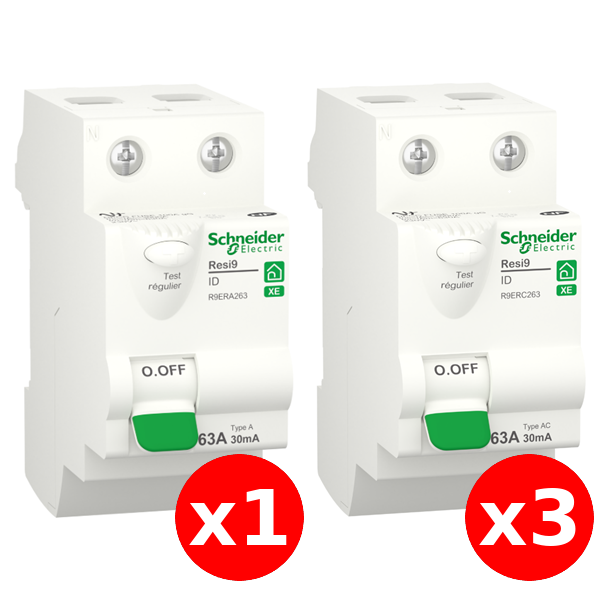 SCHNEIDER - LOT de 4 inter dif. XE - (3-ID 2x63A 30mA AC/1 - ID 2x63A 30mA A) R9ERC263x3+R9ERA263