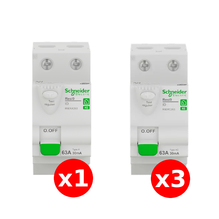 SCHNEIDER - LOT de 4 inter dif. XE - (3-ID 2x63A 30mA AC/1 - ID 2x63A 30mA A) R9ERC263x3+R9ERA263