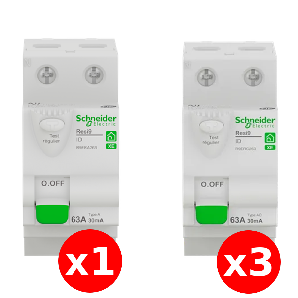 SCHNEIDER - LOT de 4 inter dif. XE - (3-ID 2x63A 30mA AC/1 - ID 2x63A 30mA A) R9ERC263x3+R9ERA263