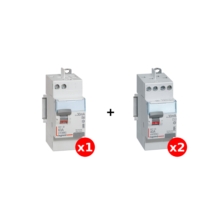 LEGRAND - LOT de 3 interrupteurs différentiels - DX3 - 2P - 2x40A+1x63A - 30mA - Type AC et A - Réf : 411611x2 + 411651x1