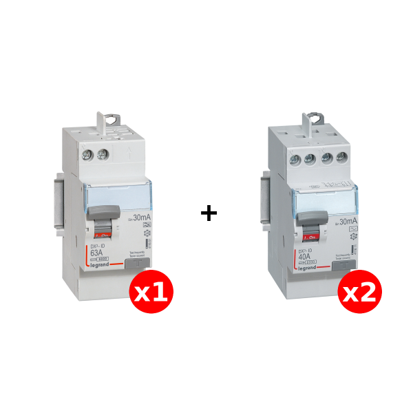 LEGRAND - LOT de 3 interrupteurs différentiels - DX3 - 2P - 2x40A+1x63A - 30mA - Type AC et A - Réf : 411611x2 + 411651x1