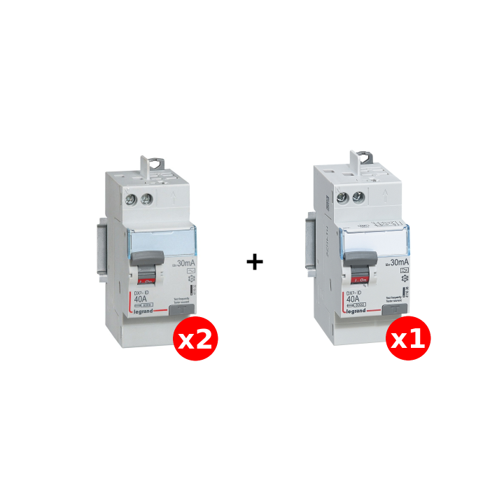 LEGRAND - LOT de 3 interrupteurs différentiels - DX3 - 2P - 40A - 30mA - 2 x AC et 1 x A - Réf. : 411632x2 + 411638x1