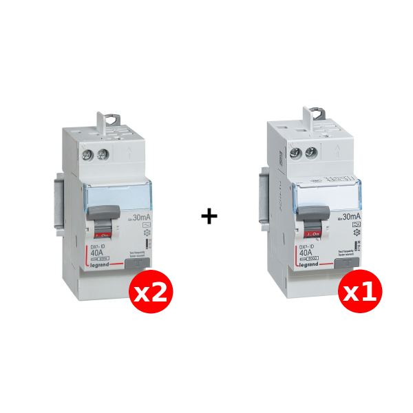 LEGRAND - LOT de 3 interrupteurs différentiels - DX3 - 2P - 40A - 30mA - 2 x AC et 1 x A - Réf. : 411632x2 + 411638x1