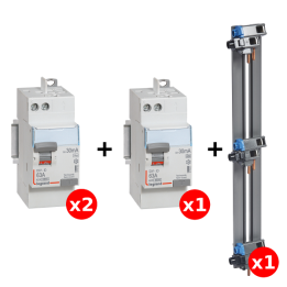 LEGRAND - LOT de 3 interrupteurs différentiels - DX3 - 2P - 63A - 30mA + peigne 3 rangées - Réf. : 411650x2 + 411651 + 405001