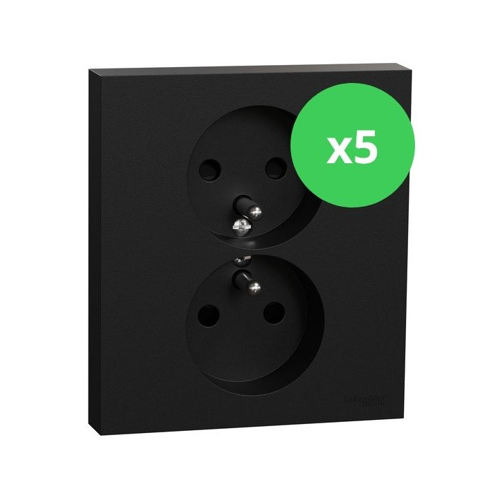Schneider - Odace 2025 - LOT de 5 Double prise de courant 2P+T avec plaque - 1 poste - Noir onyx - Réf : S941089 x 5