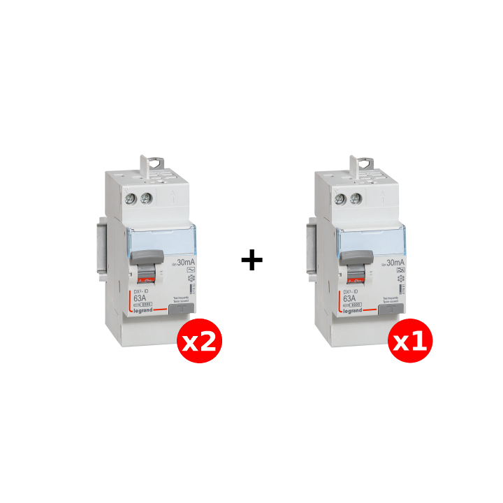 LEGRAND - LOT de 3 interrupteurs différentiels - DX3 - 2P - 63A - 30mA - 2 x AC et 1 x A - Réf : 411650x2 + 411651x1