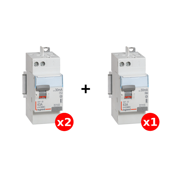 LEGRAND - LOT de 3 interrupteurs différentiels - DX3 - 2P - 63A - 30mA - 2 x AC et 1 x A - Réf : 411650x2 + 411651x1