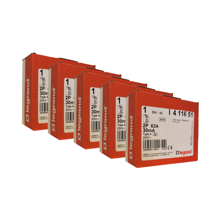 LEGRAND - LOT de 5 interrupteur différentiel - DX3 - 2P - 63A - 30mA - Type A - Départ Haut Auto - Réf. : 411651x5
