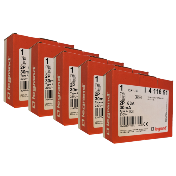 LEGRAND - LOT de 5 interrupteur différentiel - DX3 - 2P - 63A - 30mA - Type A - Départ Haut Auto - Réf. : 411651x5