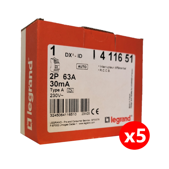 LEGRAND - LOT de 5 interrupteur différentiel - DX3 - 2P - 63A - 30mA - Type A - Départ Haut Auto - Réf. : 411651x5