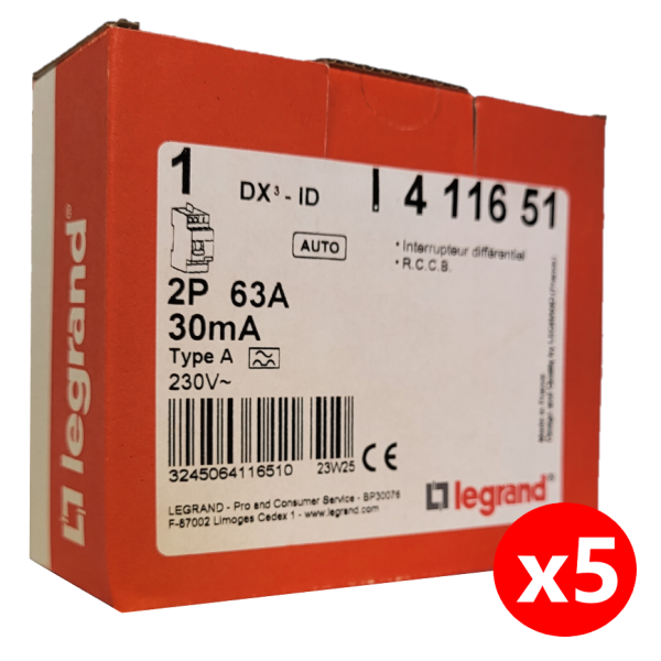 LEGRAND - LOT de 5 interrupteur différentiel - DX3 - 2P - 63A - 30mA - Type A - Départ Haut Auto - Réf. : 411651x5