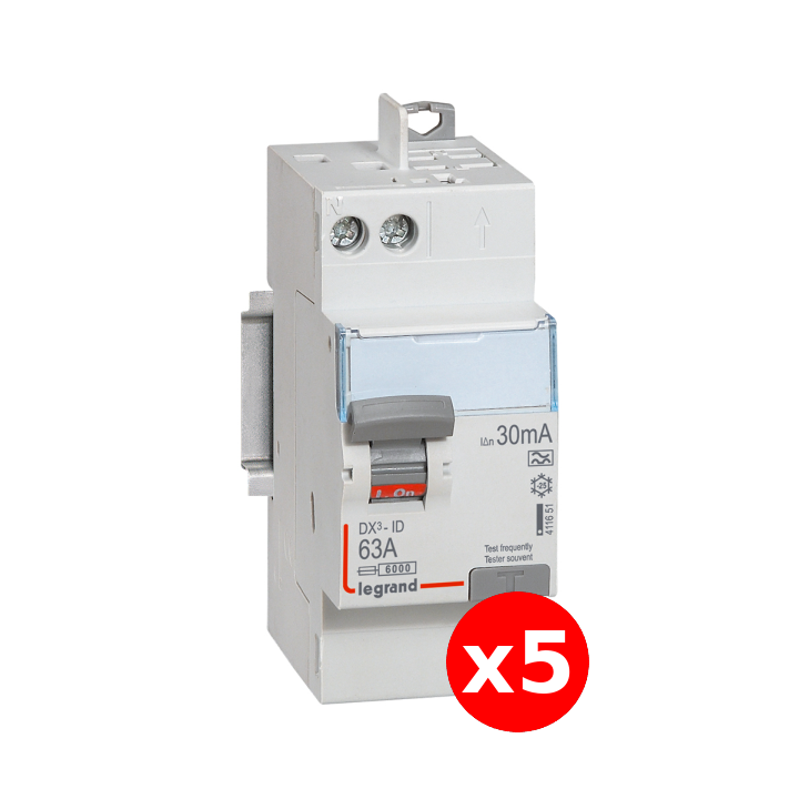 LEGRAND - LOT de 5 interrupteur différentiel - DX3 - 2P - 63A - 30mA - Type A - Départ Haut Auto - Réf. : 411651x5
