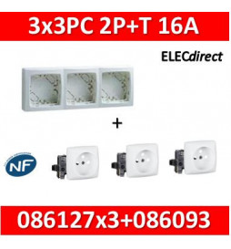 Legrand Oteo - Cadre saillie 3 postes + 3PC 2P+T 16A - 086093+086127x3