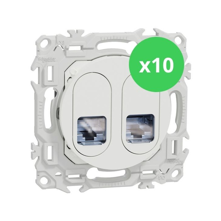 Schneider - Odace 2025 - LOT de 10 Prises double RJ45 - Cat6A STP grade 3TV - Blanc craie - Réf : S920487 x 10