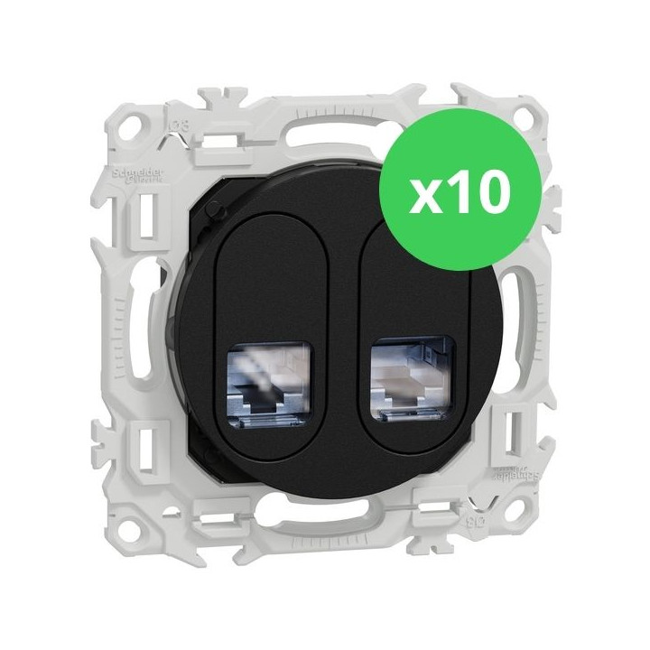 Schneider - Odace 2025 - LOT de 10 Prises double RJ45 - Cat6A STP grade 3TV - Noir onyx - Réf : S940487 x 10