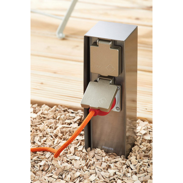 Philips - Poteau de jardin Inox - IP44 - avec 2 prises 2P+T - 230V - Réf : 171084746