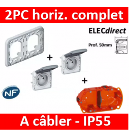 Legrand Plexo - Double PC à câbler - complet - horizontal - IP55/IK07 - 069683+069551x2+080122